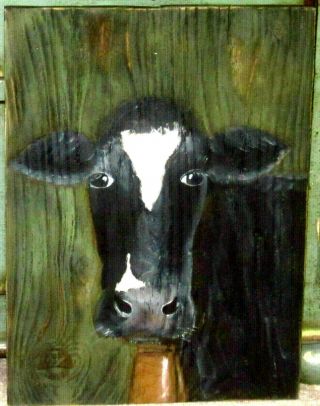 Primitive Hp Folk Art Prim Black & White Cow Reclaimed Wood