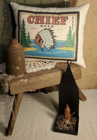 Primitive Vintage Victorian Cabin Northern Indian Chief Advertising Beer Pillow