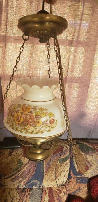 Vintage Hanging Hand Painted Glass Hurricane Swag Lamp Ruffled Rim