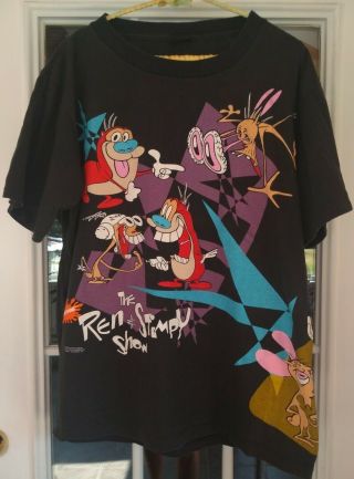 Vintage 1992 Nickelodeon The Ren And Stimpy Show Graphic T - Shirt Cartoon Black