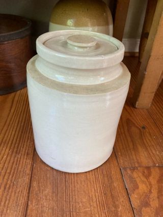 Antique / Vintage Primitive White / Beige Stoneware Crock / Jar With Lid 9 " Tall