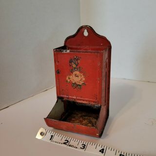 Vintage Antique Tin Metal Rustic Wall Mount Match Box Holder Red Flowers