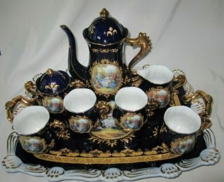 Vintage 8 Piece Cobalt Blue Victorian Tea Set 5 Prong Crown Over N Dragon Handle