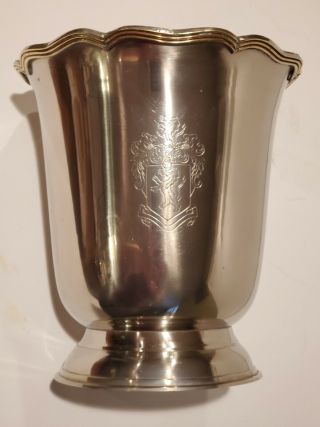 Vtg Antique Silver Plate Scalloped Ice Bucket Champagne Hand Etched Crest
