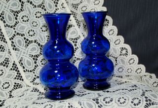Set Of 2 Cobalt Blue Vintage Matching Art Deco Vases,  6 " High