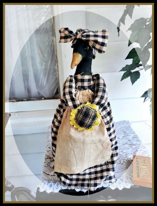 Primitive` Handmade Mrs.  Black Crow Doll With Sunflower`large Spool Base 15 "