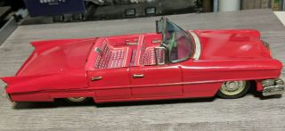 Vintage 12 " Tin Friction Car Red Cadillac Convertable Toy Hot Rod Vehicle