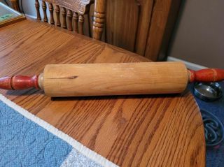 Antique Primitive Red Handled Maple Rolling Pin - 17 " Handle To Handle