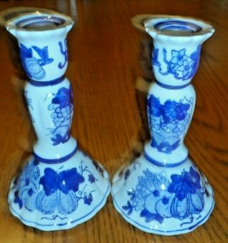 Pair Chinese Porcelain Candle Sticks Holders Blue Fruit On White 7 " Tall
