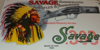 Vintage 1958 Savage Arms Shotgun & Indian 12 " Porcelain Metal Gasoline Oil Sign