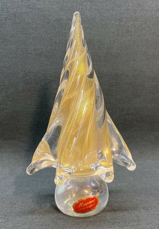 Vintage Murano Of Italy Art Glass Tree Clear W/ Gold Dust Flecks Spiral Branches