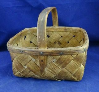 Antique Basket Hand Made Woven Split Oak Old Primitive Bent Wood Handle 9 X 7.  5 "