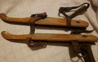 Very Rare Antique Wood Ice Skates 26 Curved Blades Leather Straps