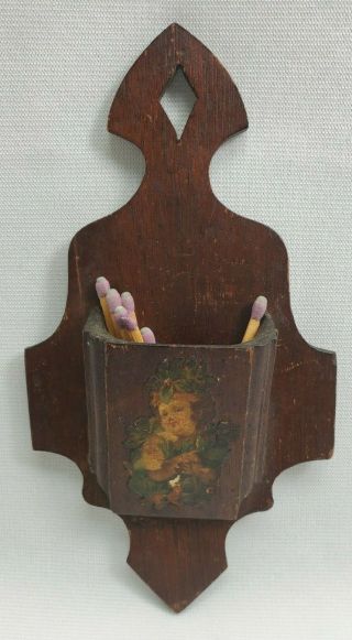 Antique Wood Decoupage Match Stick Holder Hanging Wood Wall Plaque Folk Art
