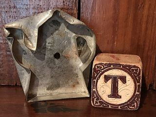 Antique Primitive Folky Handled Tea Teapot Cookie Cutter & Wood Toy Block Aafa