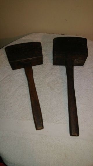 2 Antique Wooden Mallet Hammer Primitive Carpenter Tool Wood Farmhouse