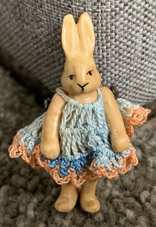 Bisque Hertwig Carl Horn Miniature Jtd 1.  75” Rabbit Pink Crocheted Dress Cute