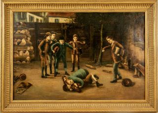 Antique Vtg American School Oil Canvas Painting Boys Fighting Genre Gilt Frame