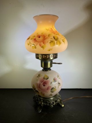 Vtg “gone With The Wind” Pink Glass Hurricane Boudoir Lamp Roses Flower Antique