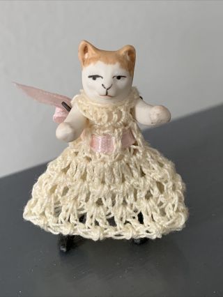 Bisque Hertwig Carl Horn Miniature Jtd 1.  75”kitty Cat Crocheted Dress Cute