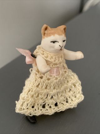 BISQUE HERTWIG CARL HORN MINIATURE Jtd 1.  75”Kitty Cat Crocheted Dress CUTE 2