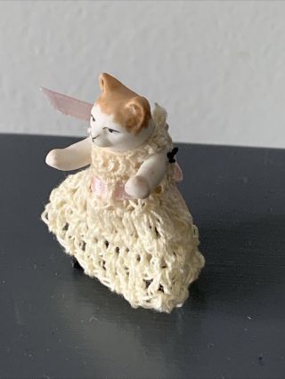 BISQUE HERTWIG CARL HORN MINIATURE Jtd 1.  75”Kitty Cat Crocheted Dress CUTE 3