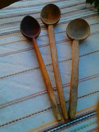 Antique Primitive Old Hand Made /carved Wooden Spoon Paddle Set Of 3