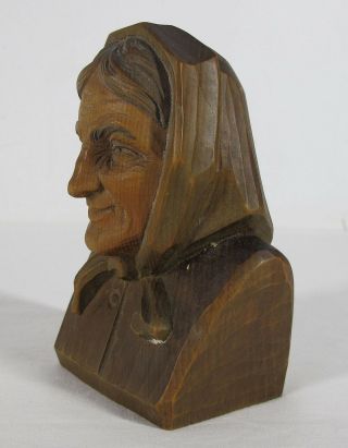 Antique 6 " Black Forest Wood Carving Old Scarf Covered Woman Grandma Bust Yqz