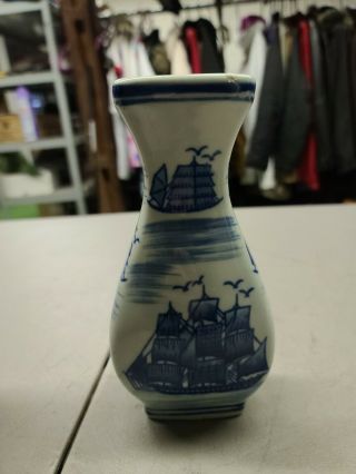 Nantucket Ship Seagull Bud Vase Vintage Porcelain Blue/white Hand Painted 8 "