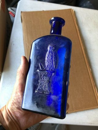 Vintage Owl Drug Blue Glass Denatured Alcohol Poison Embossed Bottle Empty 16 Oz