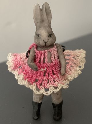Bisque Hertwig Carl Horn Miniature Jtd 1.  75”rabbit Pink Crocheted Dress Cute