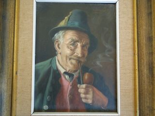 Vintage Portrait Oil Painting Man With Pipe Framed Ernst Stierhof