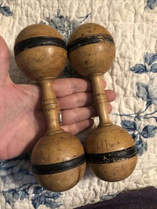 Pair Antique Vintage Wooden Dumbbell Hand Weights Exercise Primitive Wood Black