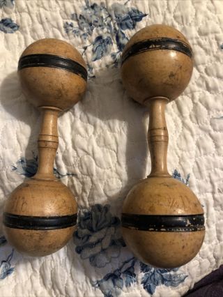 Pair Antique Vintage Wooden Dumbbell Hand Weights Exercise Primitive Wood Black 2