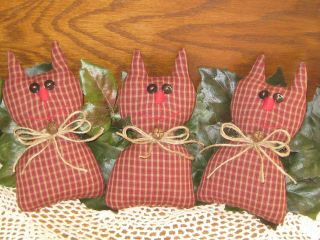 Country Home Decor 3 Rustic Red Check Cats Bowl Fillers Primitive Handmade 2