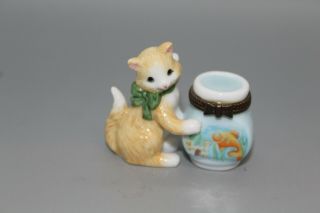 Midwest Of Cannon Falls Porcelain Hinged Trinket Box Cat W/fish Bowl Figurine