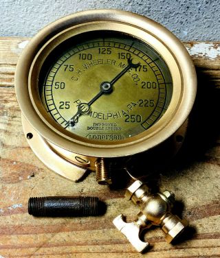 Large 1920 - 1930s Vintage Brass Lonergan Pressure Gauge,  Double Spring,  Antique