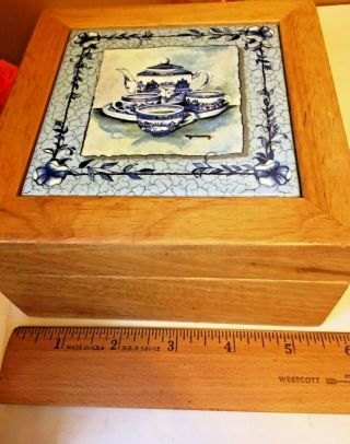 Wooden Trinket / Jewelry Box Hand - Painted Blue & White Ceramic Top 5”x 5”x 3”