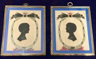 Pair Vintage English Cut Paper Silhouettes Girls Portraits Mid Century Framed