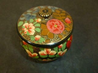 Vintage Hand Painted Round Kashmir Lacquer Trinket Box W/gold Leaf 1.  5x2.  25 "