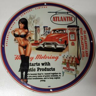 Vintage Porcelain 1950 Man Atlantic Oil Company Limited Cave Auto Garage Sign
