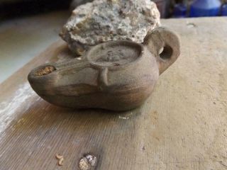 Small Primitive Antique Clay Oil Lamp With Image Of Man 