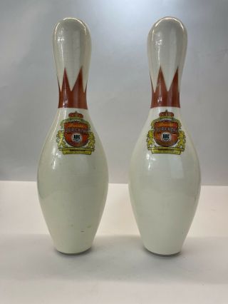 2 Vintage Brunswick Dura King Red Crown Abc Plastic Coated Wood Bowling Pins