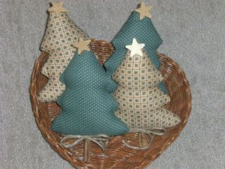 Handmade Set Of 4 Primitive Fabric Winter Pine Trees Ornies/bowl Fillers
