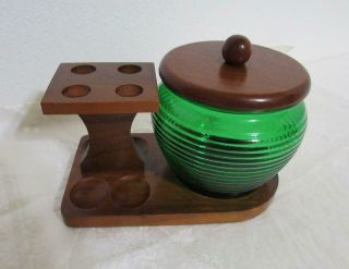 Vintage Pipe Stand With Green Glass Humidor Holds 4 Pipes Walnut Wood Holder