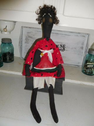 Primitive Black Grungy Doll With Watermelon And Black Crow