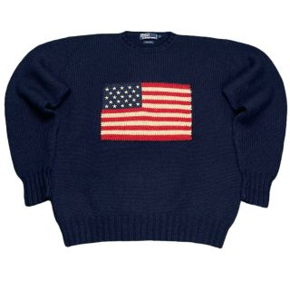 Vintage 90s Ralph Lauren Polo Usa Flag Sweater Navy Sz Large Rare
