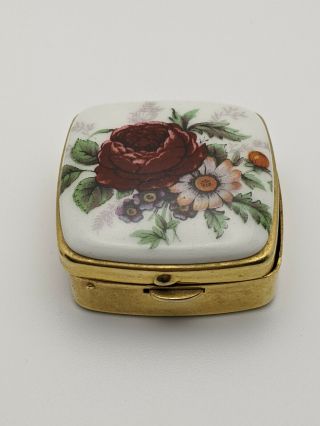Porcelain And Gold Toned Metal Trinket Box Floral Vintage