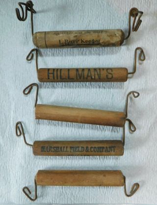 Antique Three Wooden And Metal Advertisement Handles Plus 2 Plain