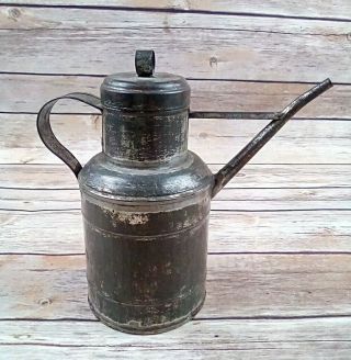 Antique Early Soldered Tin Can With Lid Spout Handle Olive Oil Watering Can